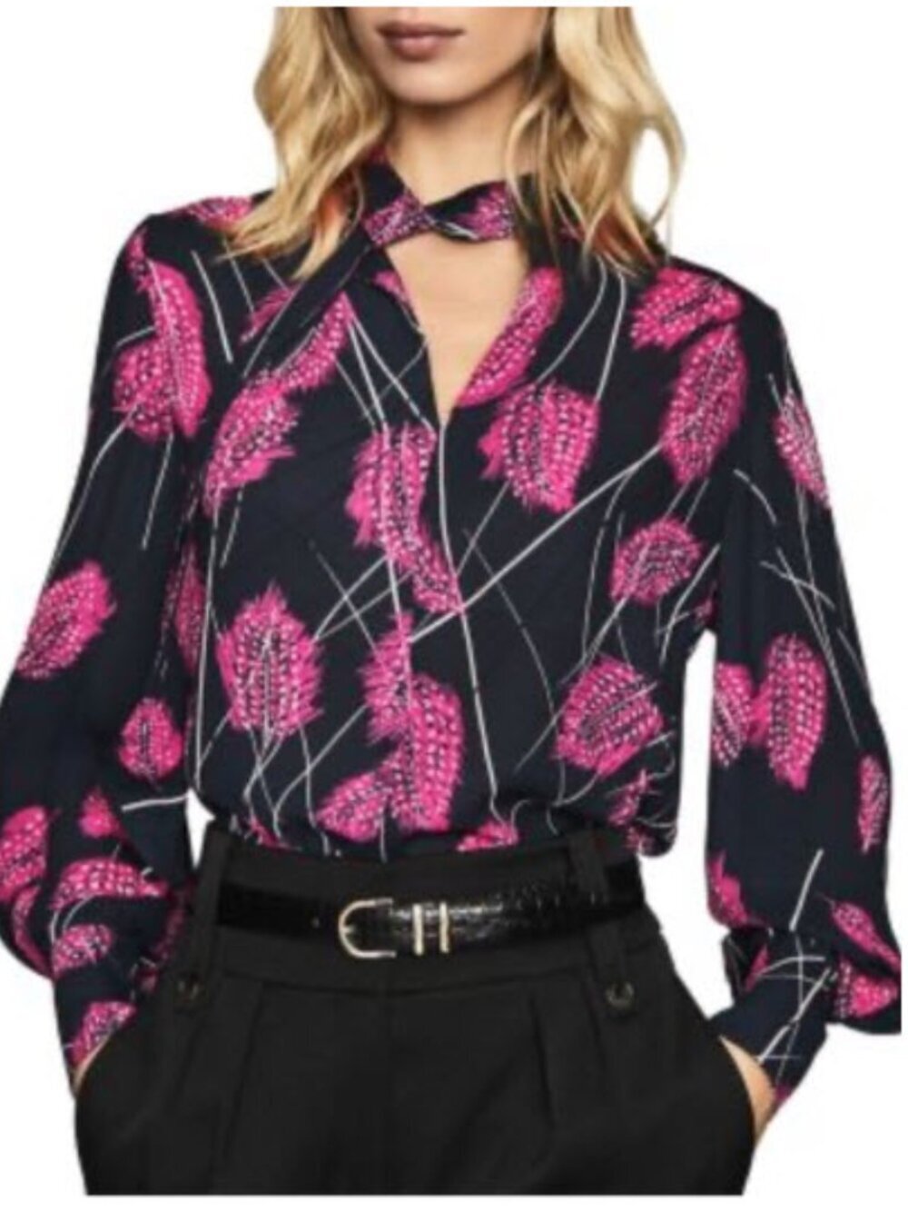 Reiss Lily Feather Print Blouse Navy Pink Tie 4 Preppy Office Chic Statement